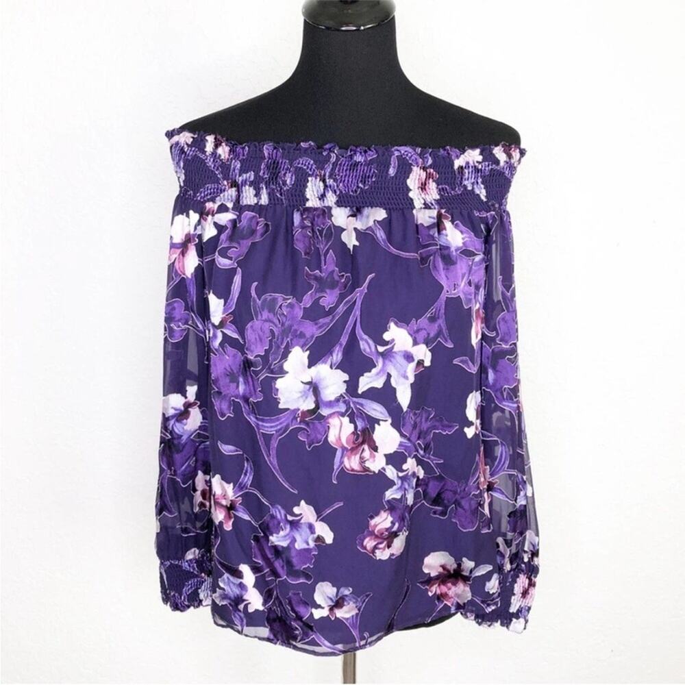 WHBM purple pink floral sheer overlay off shoulder silk blend top Extra Small XS